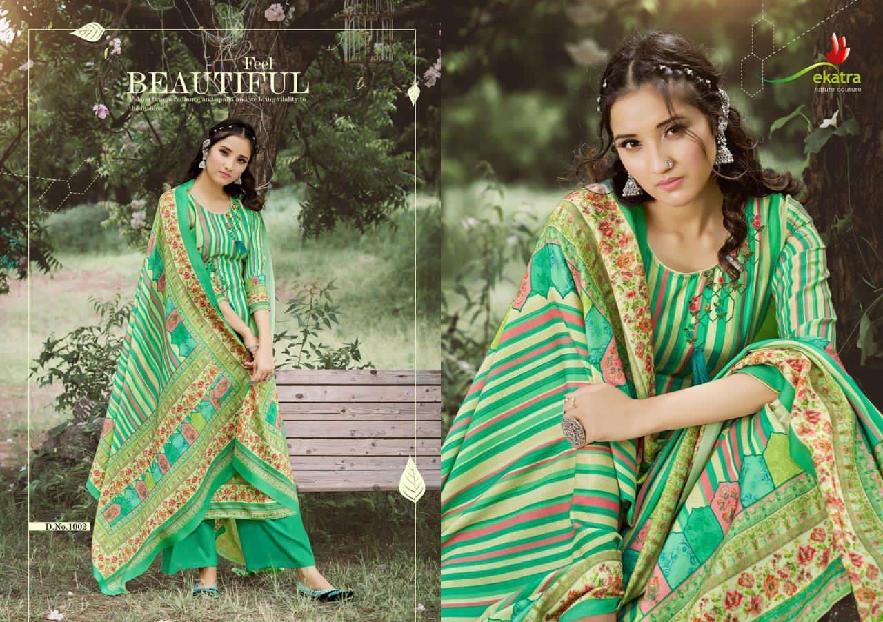 SAHIRA BY EKATRA 1001 TO 1007 SERIES SUITS BEAUTIFUL FANCY COLORFUL STYLISH PARTY WEAR & OCCASIONAL WEAR PURE PASHMINA DIGITAL PRINTED WITH EMBROIDERY DRESSES AT WHOLESALE PRICE
