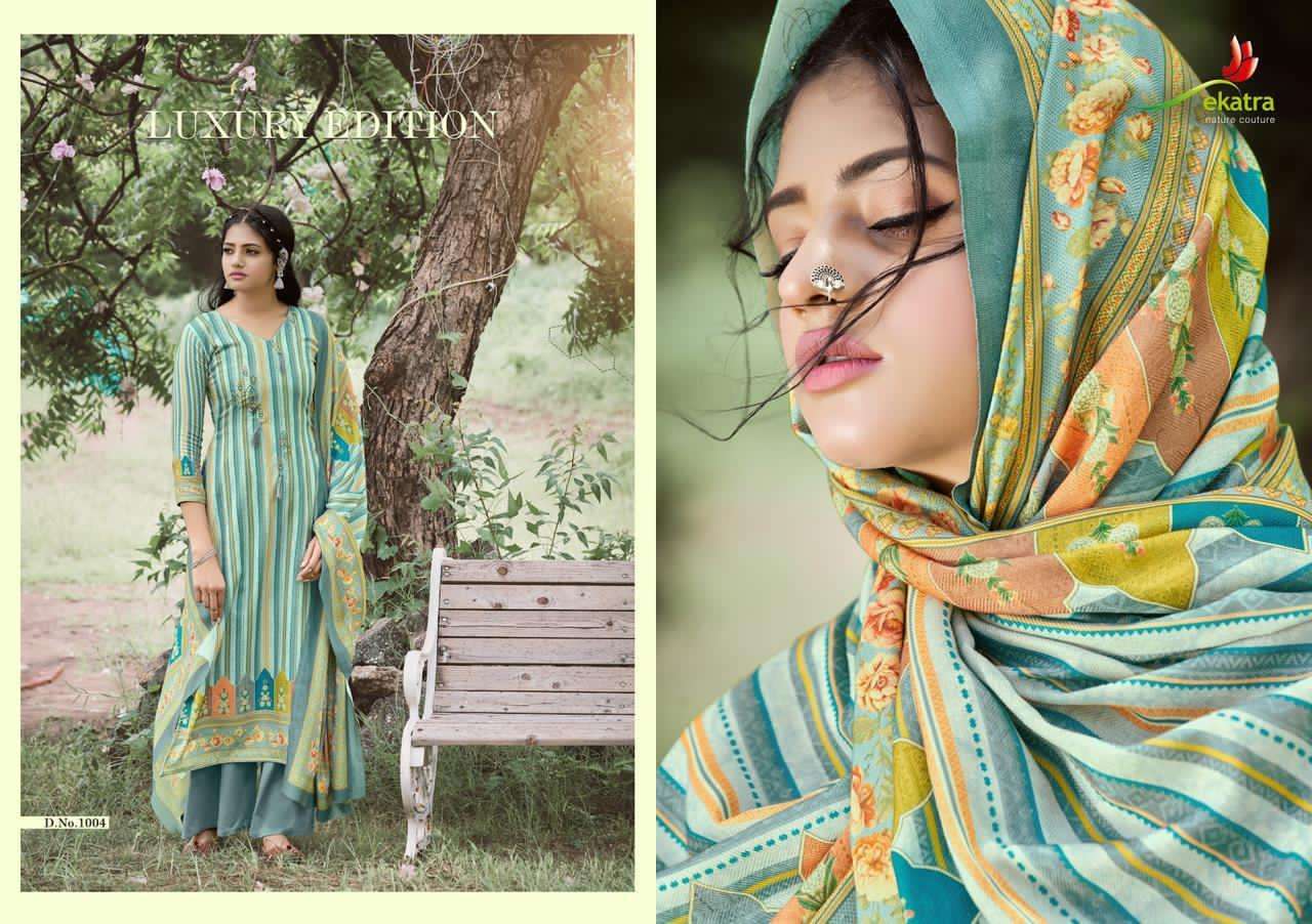 SAHIRA BY EKATRA 1001 TO 1007 SERIES SUITS BEAUTIFUL FANCY COLORFUL STYLISH PARTY WEAR & OCCASIONAL WEAR PURE PASHMINA DIGITAL PRINTED WITH EMBROIDERY DRESSES AT WHOLESALE PRICE