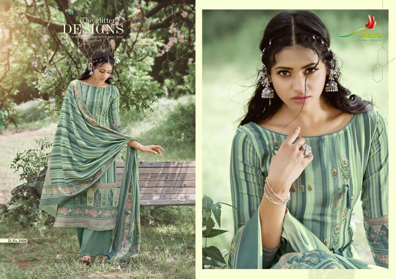 SAHIRA BY EKATRA 1001 TO 1007 SERIES SUITS BEAUTIFUL FANCY COLORFUL STYLISH PARTY WEAR & OCCASIONAL WEAR PURE PASHMINA DIGITAL PRINTED WITH EMBROIDERY DRESSES AT WHOLESALE PRICE