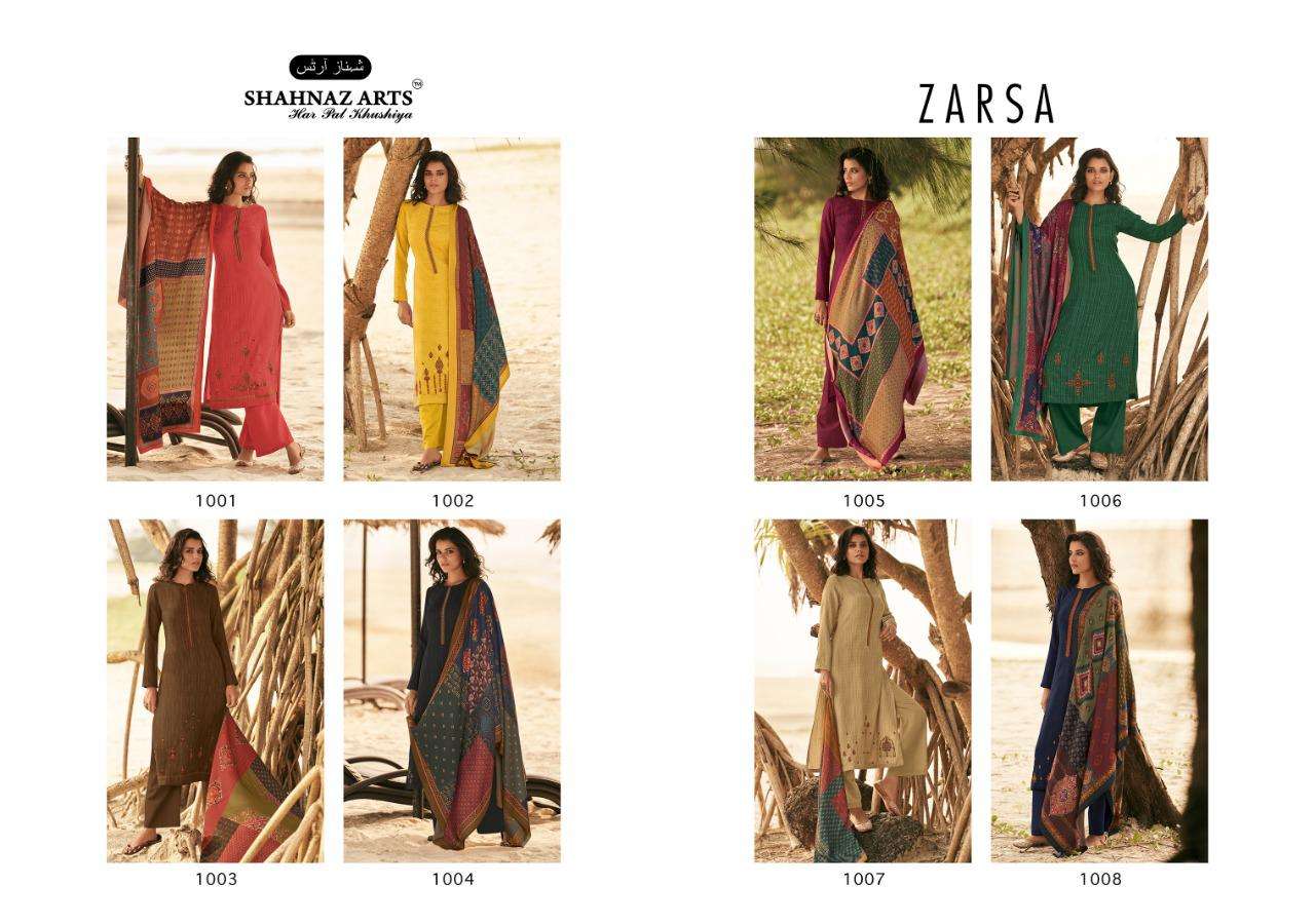 ZARSA BY SHAHNAZ ARTS 1001 TO 1008 SERIES SUITS BEAUTIFUL FANCY COLORFUL STYLISH PARTY WEAR & OCCASIONAL WEAR PASHMINA PRINTED WITH EMBROIDERY DRESSES AT WHOLESALE PRICE