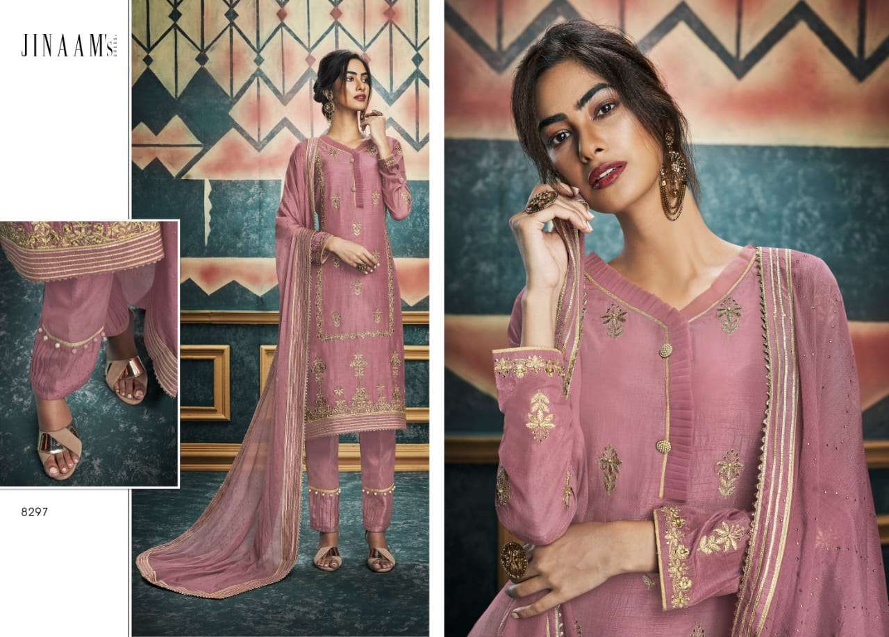ALISHA BY JINAAM DRESSES 8297 TO 8303 SERIES SUITS BEAUTIFUL FANCY COLORFUL STYLISH PARTY WEAR & OCCASIONAL WEAR DYED RUSSIAN SILK WITH EMBROIDERY DRESSES AT WHOLESALE PRICE