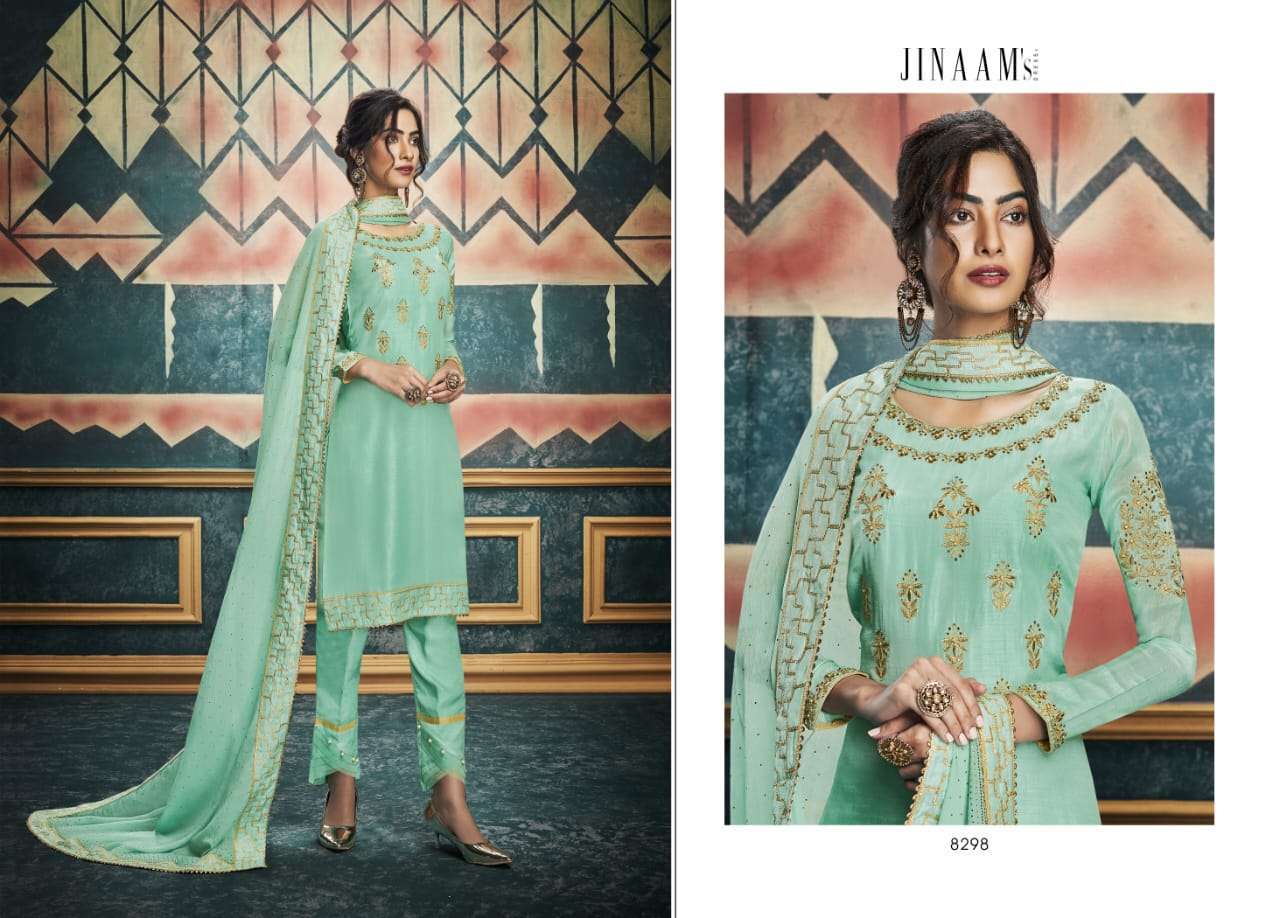 ALISHA BY JINAAM DRESSES 8297 TO 8303 SERIES SUITS BEAUTIFUL FANCY COLORFUL STYLISH PARTY WEAR & OCCASIONAL WEAR DYED RUSSIAN SILK WITH EMBROIDERY DRESSES AT WHOLESALE PRICE