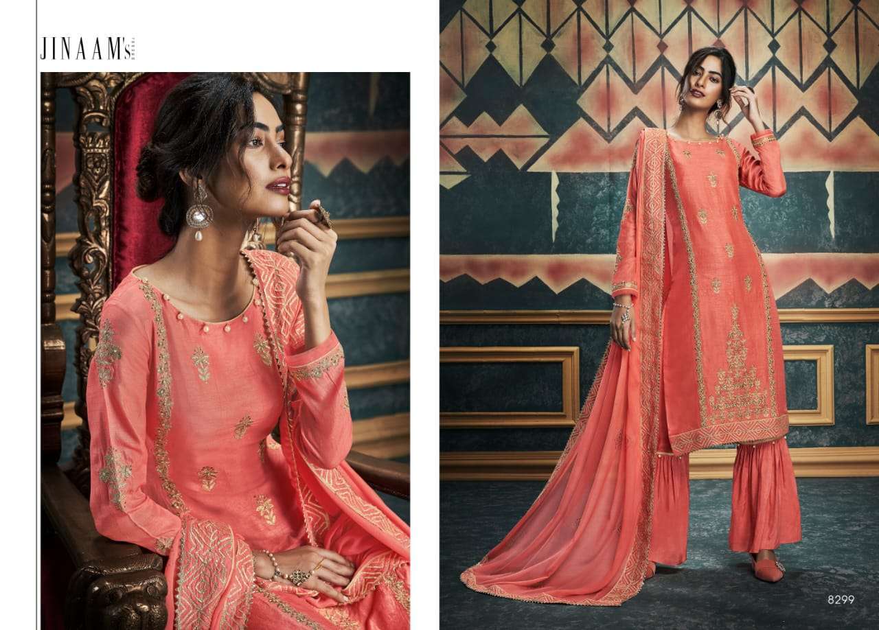ALISHA BY JINAAM DRESSES 8297 TO 8303 SERIES SUITS BEAUTIFUL FANCY COLORFUL STYLISH PARTY WEAR & OCCASIONAL WEAR DYED RUSSIAN SILK WITH EMBROIDERY DRESSES AT WHOLESALE PRICE