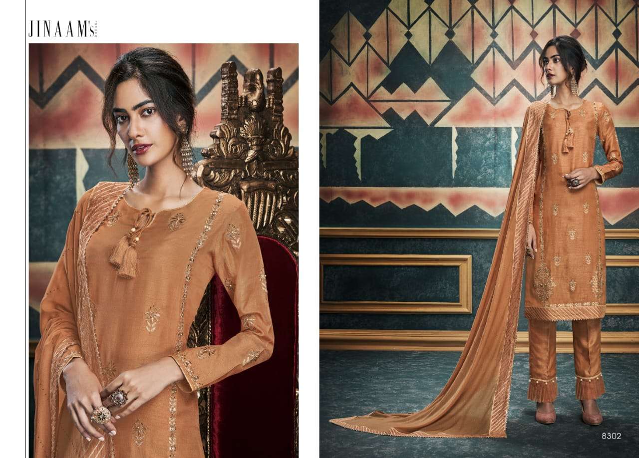 ALISHA BY JINAAM DRESSES 8297 TO 8303 SERIES SUITS BEAUTIFUL FANCY COLORFUL STYLISH PARTY WEAR & OCCASIONAL WEAR DYED RUSSIAN SILK WITH EMBROIDERY DRESSES AT WHOLESALE PRICE