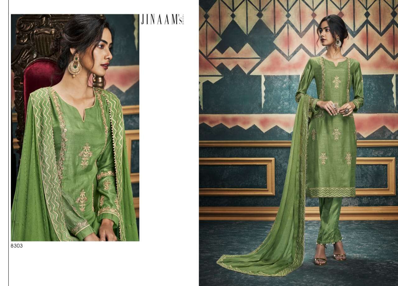 ALISHA BY JINAAM DRESSES 8297 TO 8303 SERIES SUITS BEAUTIFUL FANCY COLORFUL STYLISH PARTY WEAR & OCCASIONAL WEAR DYED RUSSIAN SILK WITH EMBROIDERY DRESSES AT WHOLESALE PRICE
