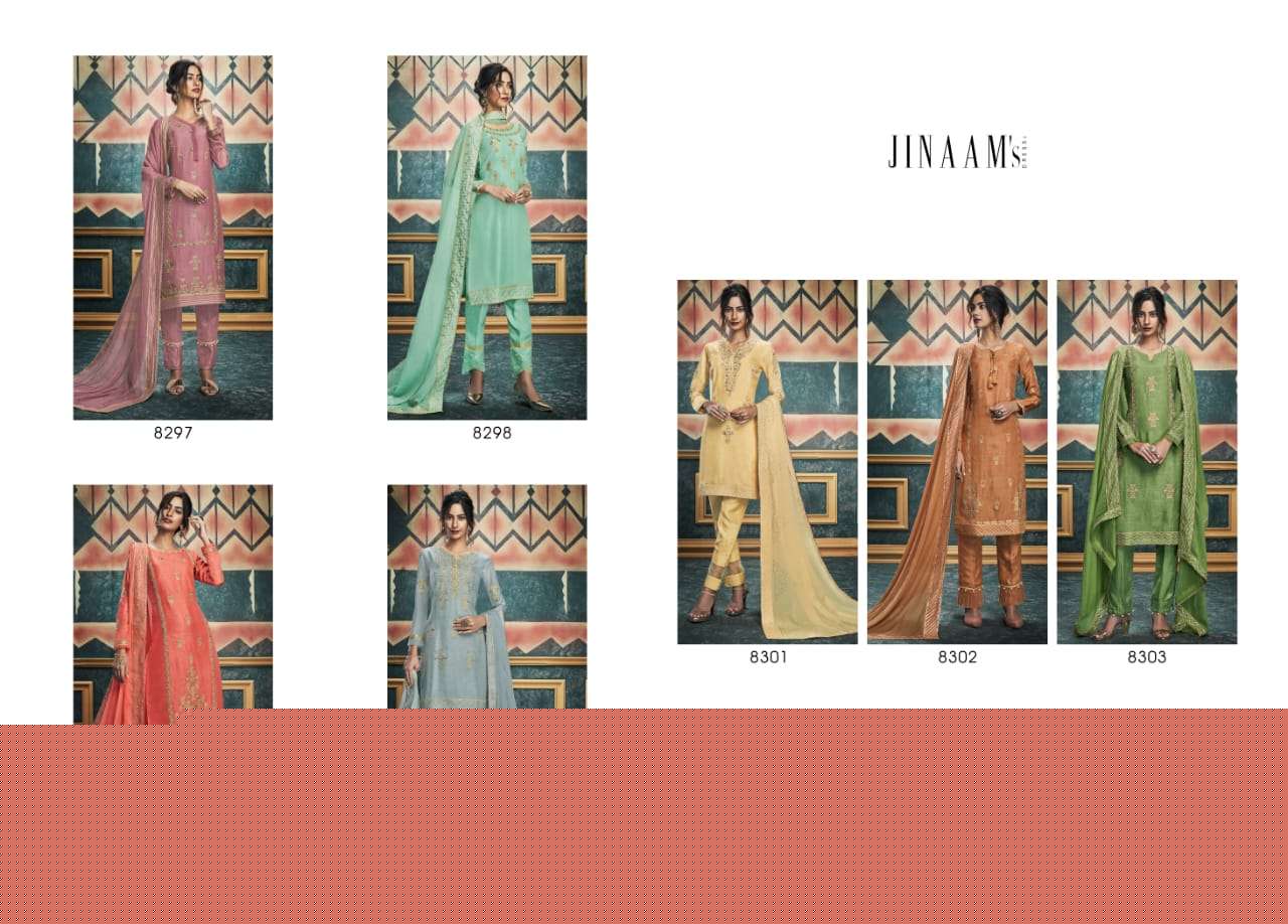 ALISHA BY JINAAM DRESSES 8297 TO 8303 SERIES SUITS BEAUTIFUL FANCY COLORFUL STYLISH PARTY WEAR & OCCASIONAL WEAR DYED RUSSIAN SILK WITH EMBROIDERY DRESSES AT WHOLESALE PRICE