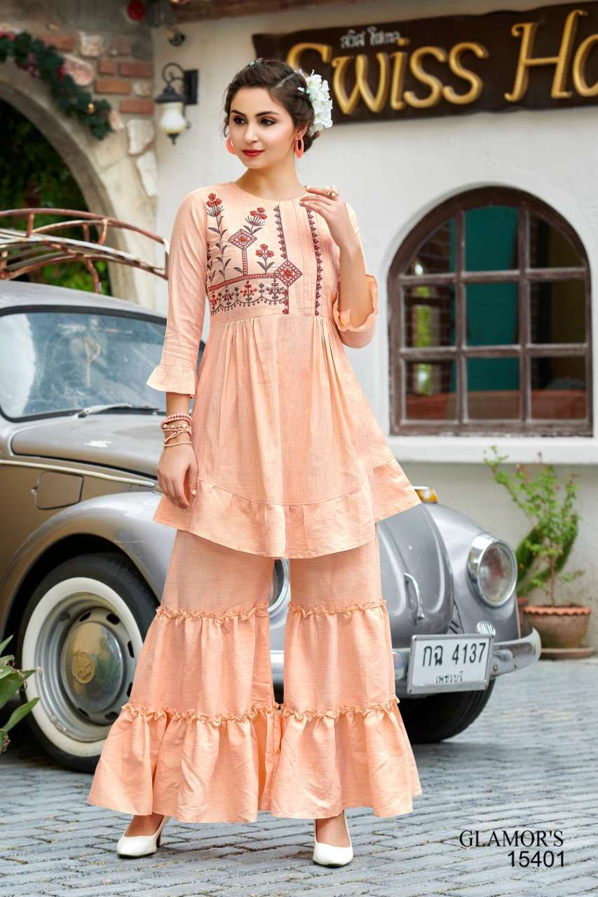 GLAMORS BY SHRI HARSIDDHI STYLE 15401 TO 15405 SERIES BEAUTIFUL STYLISH FANCY COLORFUL CASUAL WEAR & ETHNIC WEAR & READY TO WEAR PURE COTTON LINEN EMBROIDERED KURTIS WITH BOTTOM AT WHOLESALE PRICE
