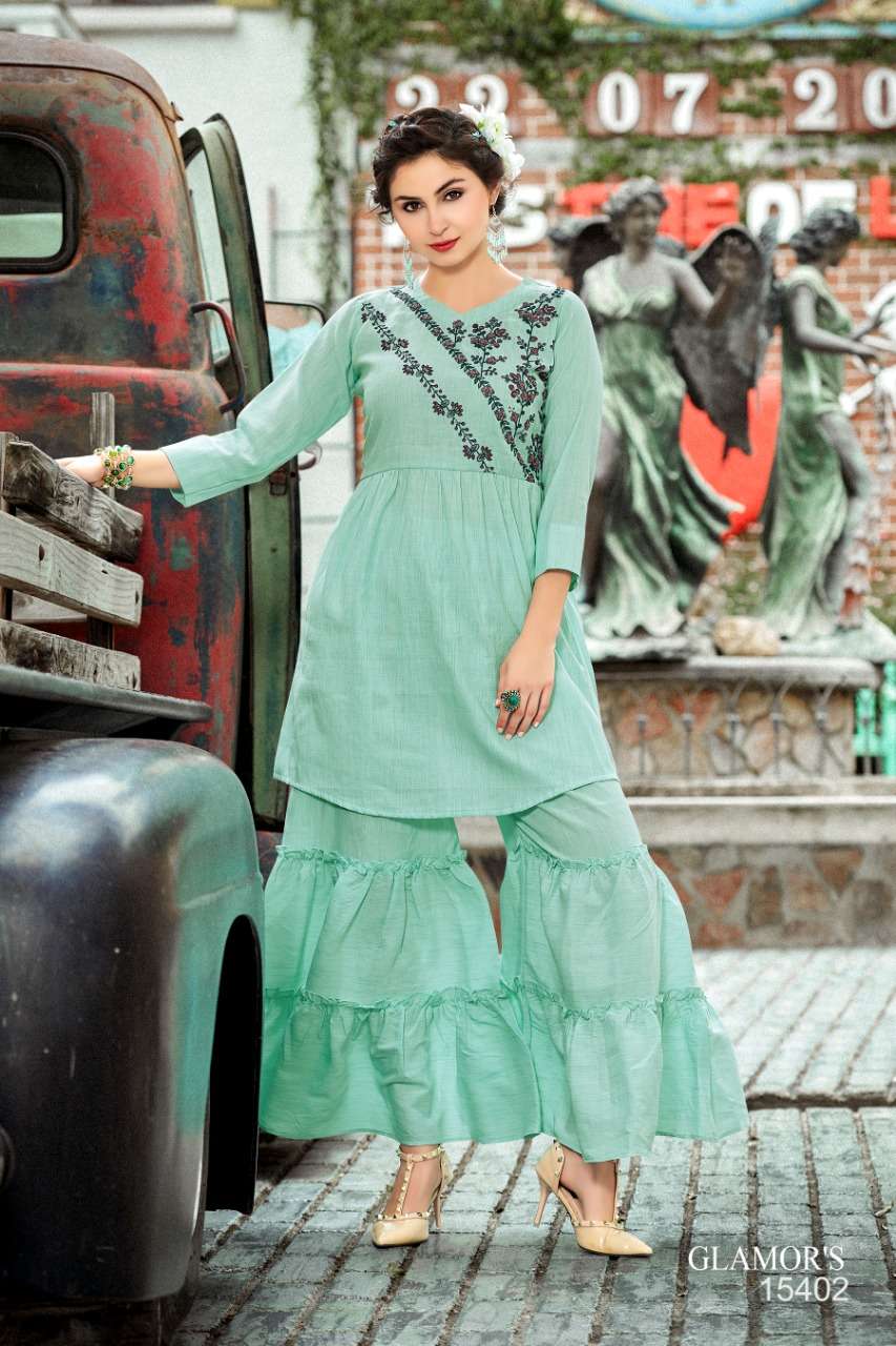 GLAMORS BY SHRI HARSIDDHI STYLE 15401 TO 15405 SERIES BEAUTIFUL STYLISH FANCY COLORFUL CASUAL WEAR & ETHNIC WEAR & READY TO WEAR PURE COTTON LINEN EMBROIDERED KURTIS WITH BOTTOM AT WHOLESALE PRICE