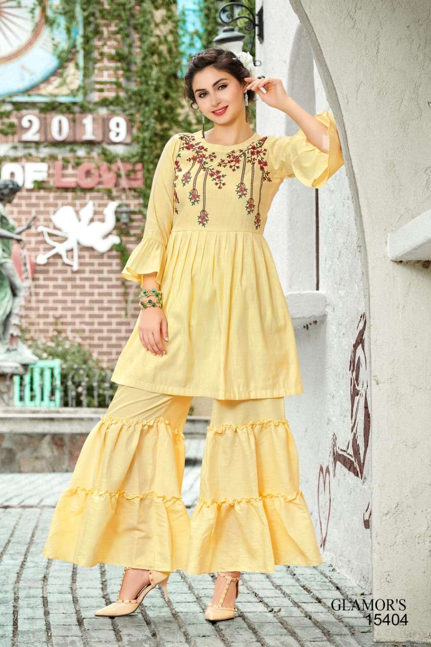 GLAMORS BY SHRI HARSIDDHI STYLE 15401 TO 15405 SERIES BEAUTIFUL STYLISH FANCY COLORFUL CASUAL WEAR & ETHNIC WEAR & READY TO WEAR PURE COTTON LINEN EMBROIDERED KURTIS WITH BOTTOM AT WHOLESALE PRICE