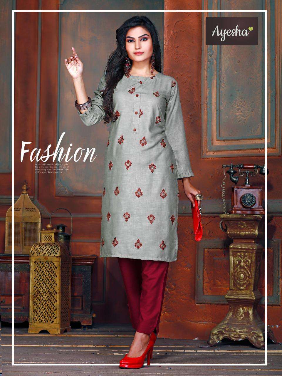 SHAAYRA BY AYESHA 101 TO 108 SERIES BEAUTIFUL STYLISH FANCY COLORFUL CASUAL WEAR & ETHNIC WEAR & READY TO WEAR RAYON EMBROIDERED KURTIS WITH BOTTOM AT WHOLESALE PRICE