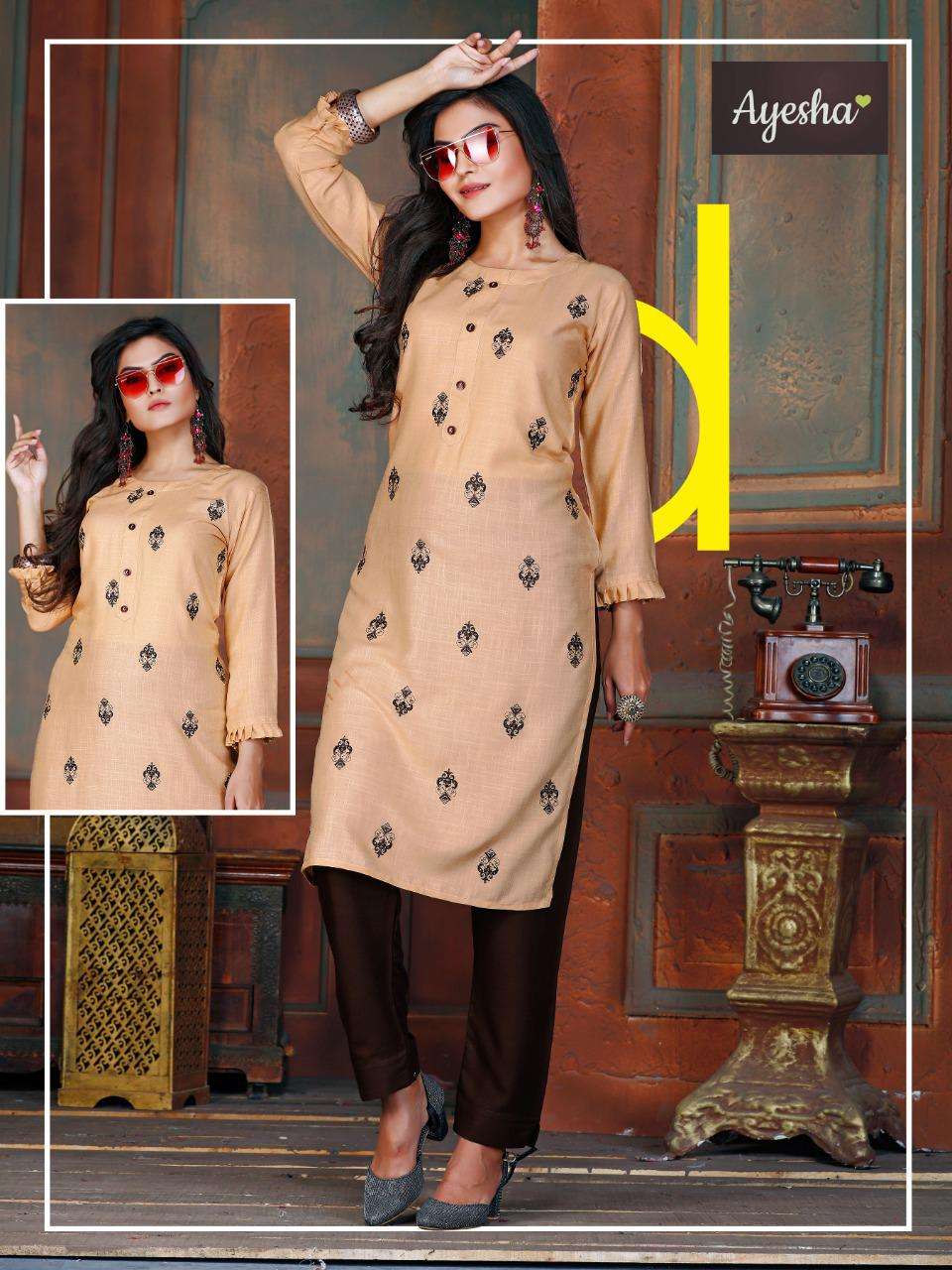 SHAAYRA BY AYESHA 101 TO 108 SERIES BEAUTIFUL STYLISH FANCY COLORFUL CASUAL WEAR & ETHNIC WEAR & READY TO WEAR RAYON EMBROIDERED KURTIS WITH BOTTOM AT WHOLESALE PRICE