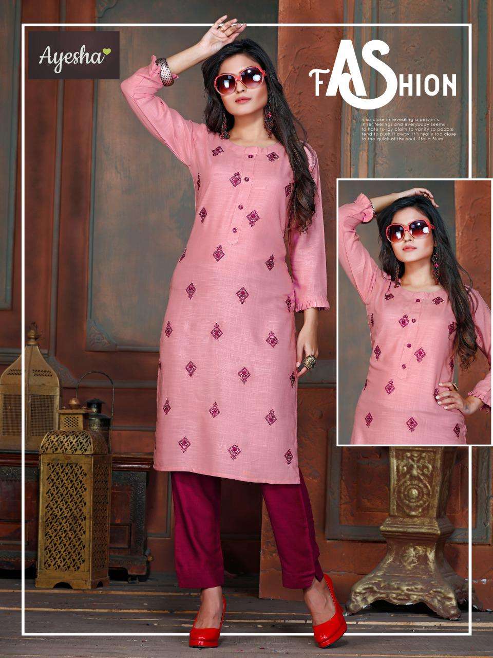 SHAAYRA BY AYESHA 101 TO 108 SERIES BEAUTIFUL STYLISH FANCY COLORFUL CASUAL WEAR & ETHNIC WEAR & READY TO WEAR RAYON EMBROIDERED KURTIS WITH BOTTOM AT WHOLESALE PRICE