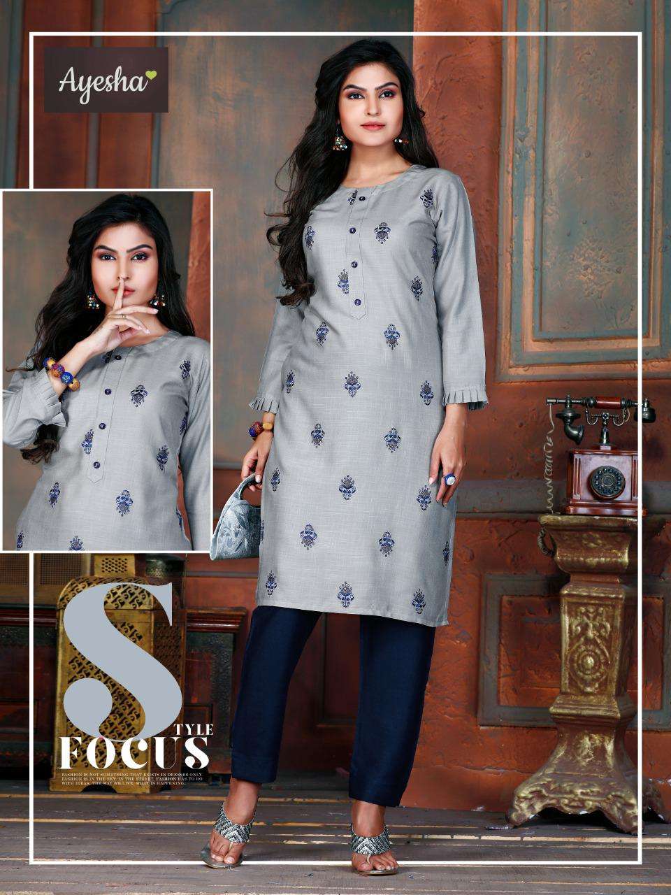 SHAAYRA BY AYESHA 101 TO 108 SERIES BEAUTIFUL STYLISH FANCY COLORFUL CASUAL WEAR & ETHNIC WEAR & READY TO WEAR RAYON EMBROIDERED KURTIS WITH BOTTOM AT WHOLESALE PRICE