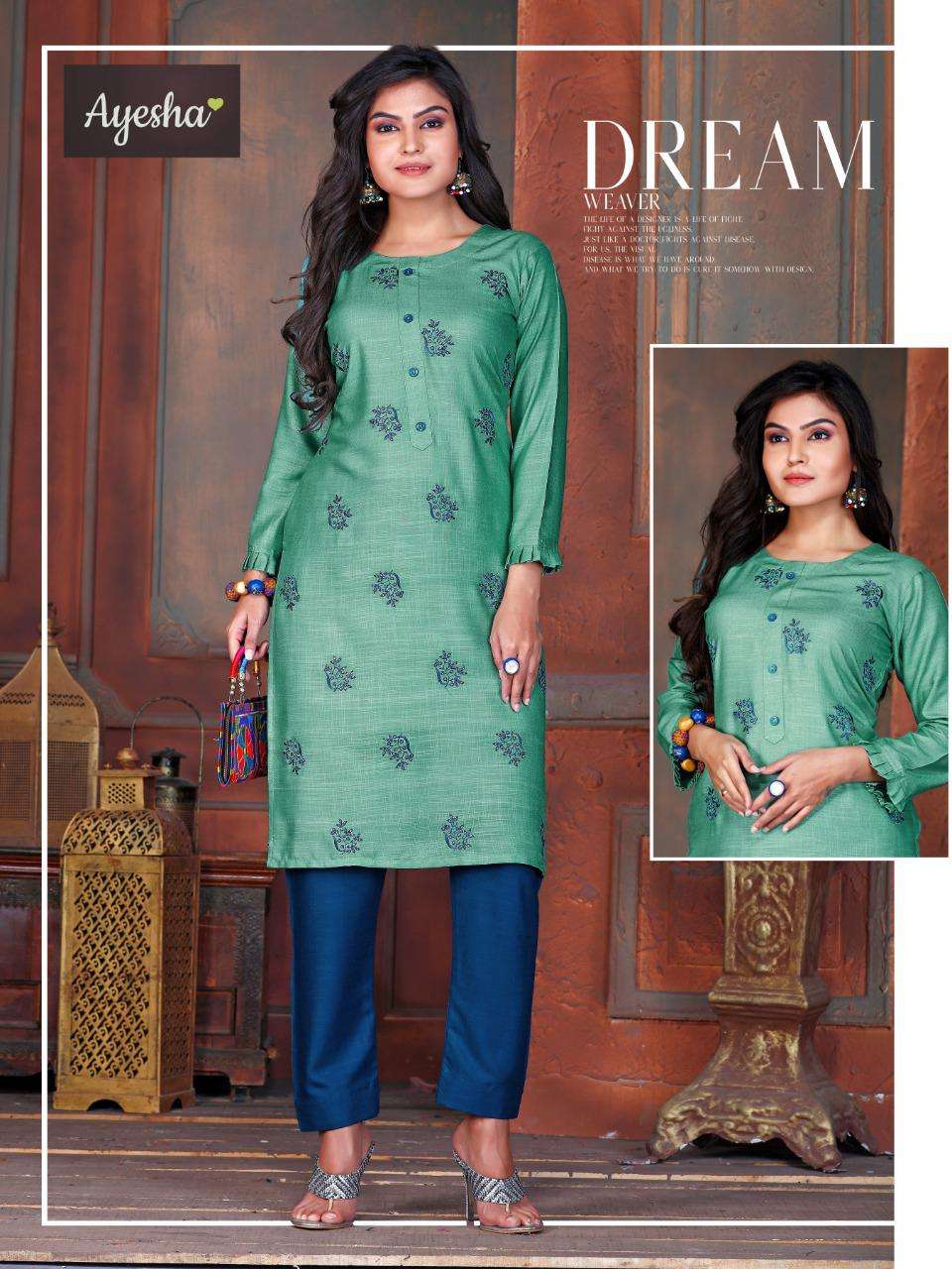 SHAAYRA BY AYESHA 101 TO 108 SERIES BEAUTIFUL STYLISH FANCY COLORFUL CASUAL WEAR & ETHNIC WEAR & READY TO WEAR RAYON EMBROIDERED KURTIS WITH BOTTOM AT WHOLESALE PRICE