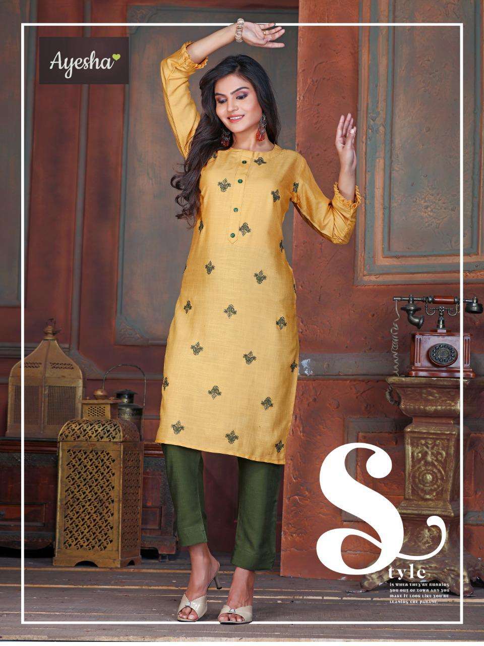 SHAAYRA BY AYESHA 101 TO 108 SERIES BEAUTIFUL STYLISH FANCY COLORFUL CASUAL WEAR & ETHNIC WEAR & READY TO WEAR RAYON EMBROIDERED KURTIS WITH BOTTOM AT WHOLESALE PRICE