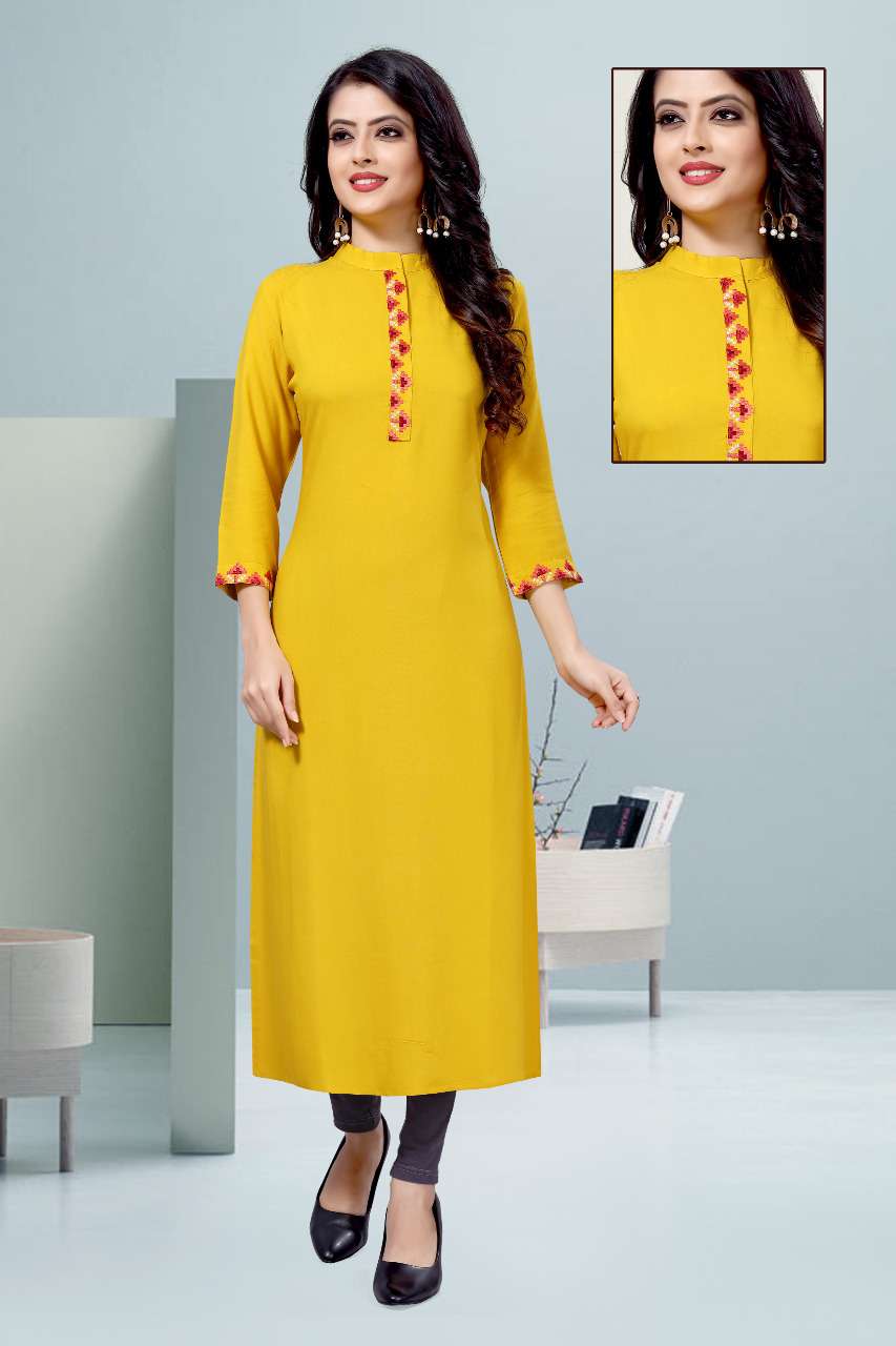 KARIGARI BY SNAPSTYLE 101 TO 110 SERIES STYLISH FANCY BEAUTIFUL COLORFUL CASUAL WEAR & ETHNIC WEAR RAYON EMBROIDERED KURTIS AT WHOLESALE PRICE