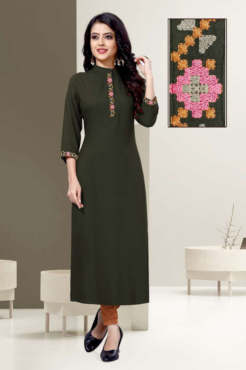 KARIGARI BY SNAPSTYLE 101 TO 110 SERIES STYLISH FANCY BEAUTIFUL COLORFUL CASUAL WEAR & ETHNIC WEAR RAYON EMBROIDERED KURTIS AT WHOLESALE PRICE