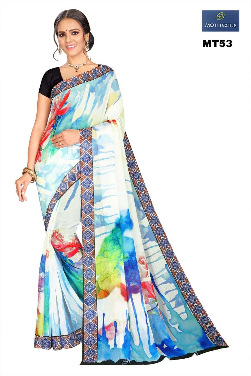 DAIZY BY MOTI TEXTILE 53 TO 58 SERIES INDIAN TRADITIONAL WEAR COLLECTION BEAUTIFUL STYLISH FANCY COLORFUL PARTY WEAR & OCCASIONAL WEAR CHIFFON DIGITAL PRINT SAREES AT WHOLESALE PRICE