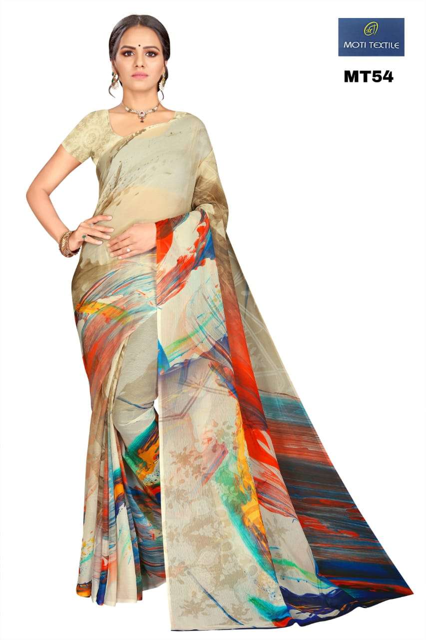 DAIZY BY MOTI TEXTILE 53 TO 58 SERIES INDIAN TRADITIONAL WEAR COLLECTION BEAUTIFUL STYLISH FANCY COLORFUL PARTY WEAR & OCCASIONAL WEAR CHIFFON DIGITAL PRINT SAREES AT WHOLESALE PRICE