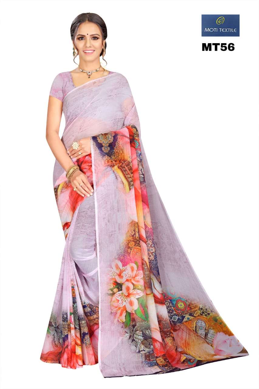 DAIZY BY MOTI TEXTILE 53 TO 58 SERIES INDIAN TRADITIONAL WEAR COLLECTION BEAUTIFUL STYLISH FANCY COLORFUL PARTY WEAR & OCCASIONAL WEAR CHIFFON DIGITAL PRINT SAREES AT WHOLESALE PRICE