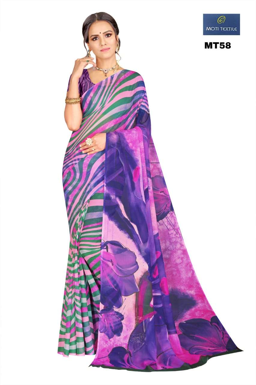 DAIZY BY MOTI TEXTILE 53 TO 58 SERIES INDIAN TRADITIONAL WEAR COLLECTION BEAUTIFUL STYLISH FANCY COLORFUL PARTY WEAR & OCCASIONAL WEAR CHIFFON DIGITAL PRINT SAREES AT WHOLESALE PRICE
