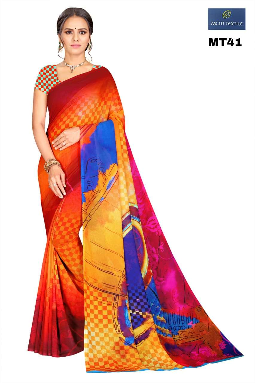 AAROHI BY MOTI TEXTILE 36 TO 47 SERIES INDIAN TRADITIONAL WEAR COLLECTION BEAUTIFUL STYLISH FANCY COLORFUL PARTY WEAR & OCCASIONAL WEAR GEORGETTE DIGITAL PRINT SAREES AT WHOLESALE PRICE