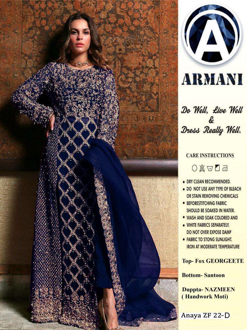 RIMISHA 06 BY ARMANI 22 TO 22-D SERIES Z DESIGNER SUITS BEAUTIFUL FANCY COLORFUL STYLISH PARTY WEAR & OCCASIONAL WEAR FAUX GEORGETTE HEAVY EMBROIDERED DRESSES AT WHOLESALE PRICE