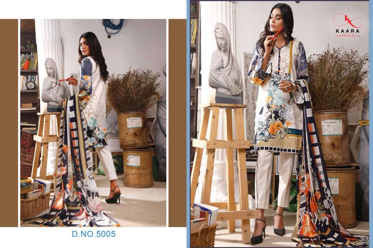 M.PRINT VOL-5 BY KAARA SUITS 5001 TO 5006 SERIES BEAUTIFUL SUITS STYLISH FANCY COLORFUL PARTY WEAR & OCCASIONAL WEAR PASHMINA DIGITAL PRINTED DRESSES AT WHOLESALE PRICE