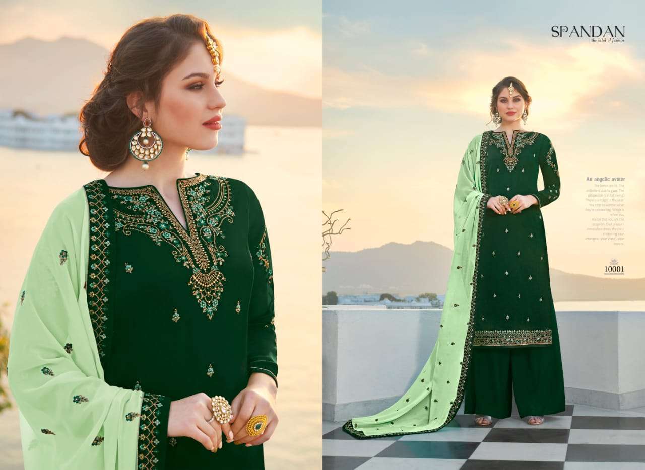 SPANDAN BY SHIVANG INTERNATIONAL 1001 TO 1006 SERIES BEAUTIFUL SUITS STYLISH FANCY COLORFUL PARTY WEAR & OCCASIONAL WEAR HEAVY SATIN GEORGETTE WITH EMBROIDERED DRESSES AT WHOLESALE PRICE
