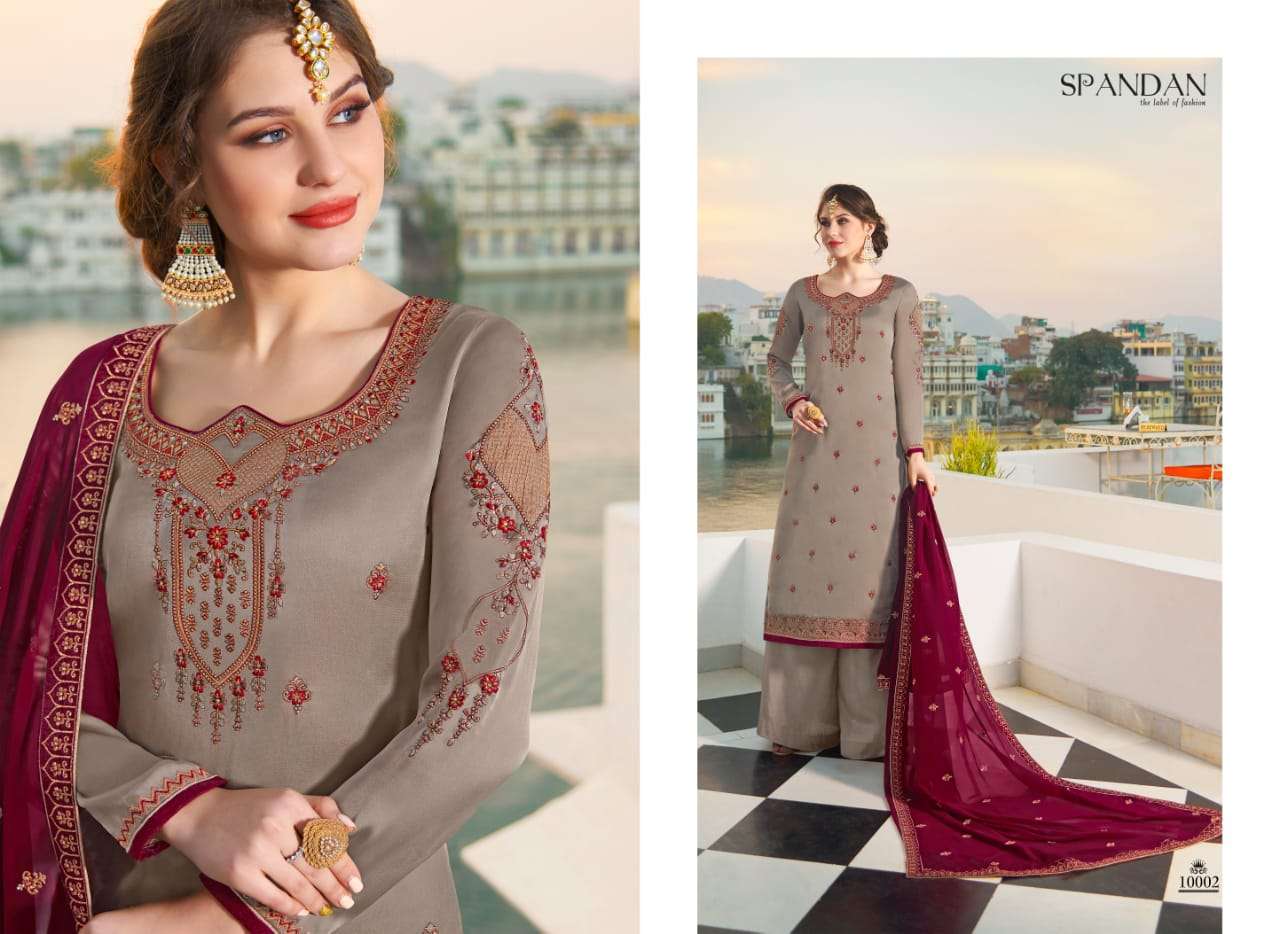 SPANDAN BY SHIVANG INTERNATIONAL 1001 TO 1006 SERIES BEAUTIFUL SUITS STYLISH FANCY COLORFUL PARTY WEAR & OCCASIONAL WEAR HEAVY SATIN GEORGETTE WITH EMBROIDERED DRESSES AT WHOLESALE PRICE