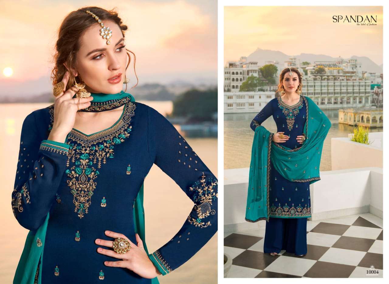 SPANDAN BY SHIVANG INTERNATIONAL 1001 TO 1006 SERIES BEAUTIFUL SUITS STYLISH FANCY COLORFUL PARTY WEAR & OCCASIONAL WEAR HEAVY SATIN GEORGETTE WITH EMBROIDERED DRESSES AT WHOLESALE PRICE