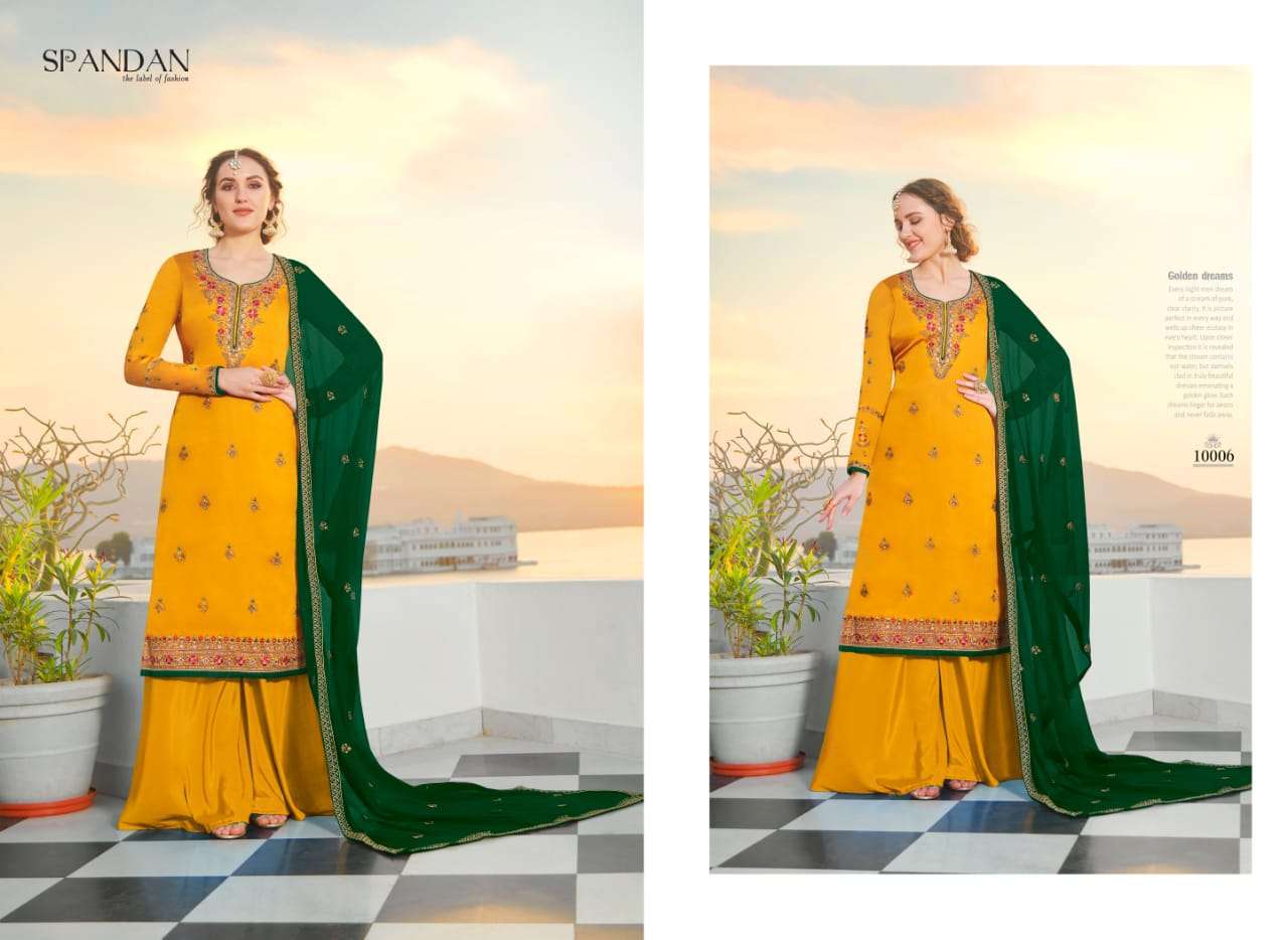 SPANDAN BY SHIVANG INTERNATIONAL 1001 TO 1006 SERIES BEAUTIFUL SUITS STYLISH FANCY COLORFUL PARTY WEAR & OCCASIONAL WEAR HEAVY SATIN GEORGETTE WITH EMBROIDERED DRESSES AT WHOLESALE PRICE