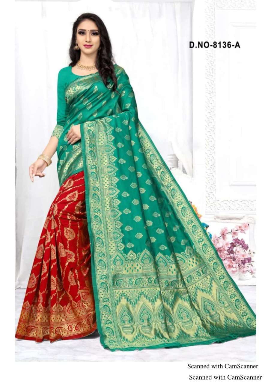 KANGAN-8136 BY HAYTEE 8136-A TO 8136-D SERIES INDIAN TRADITIONAL WEAR COLLECTION BEAUTIFUL STYLISH FANCY COLORFUL PARTY WEAR & OCCASIONAL WEAR HANDLOOM JACQUARD SILK PRINTED SAREES AT WHOLESALE PRICE