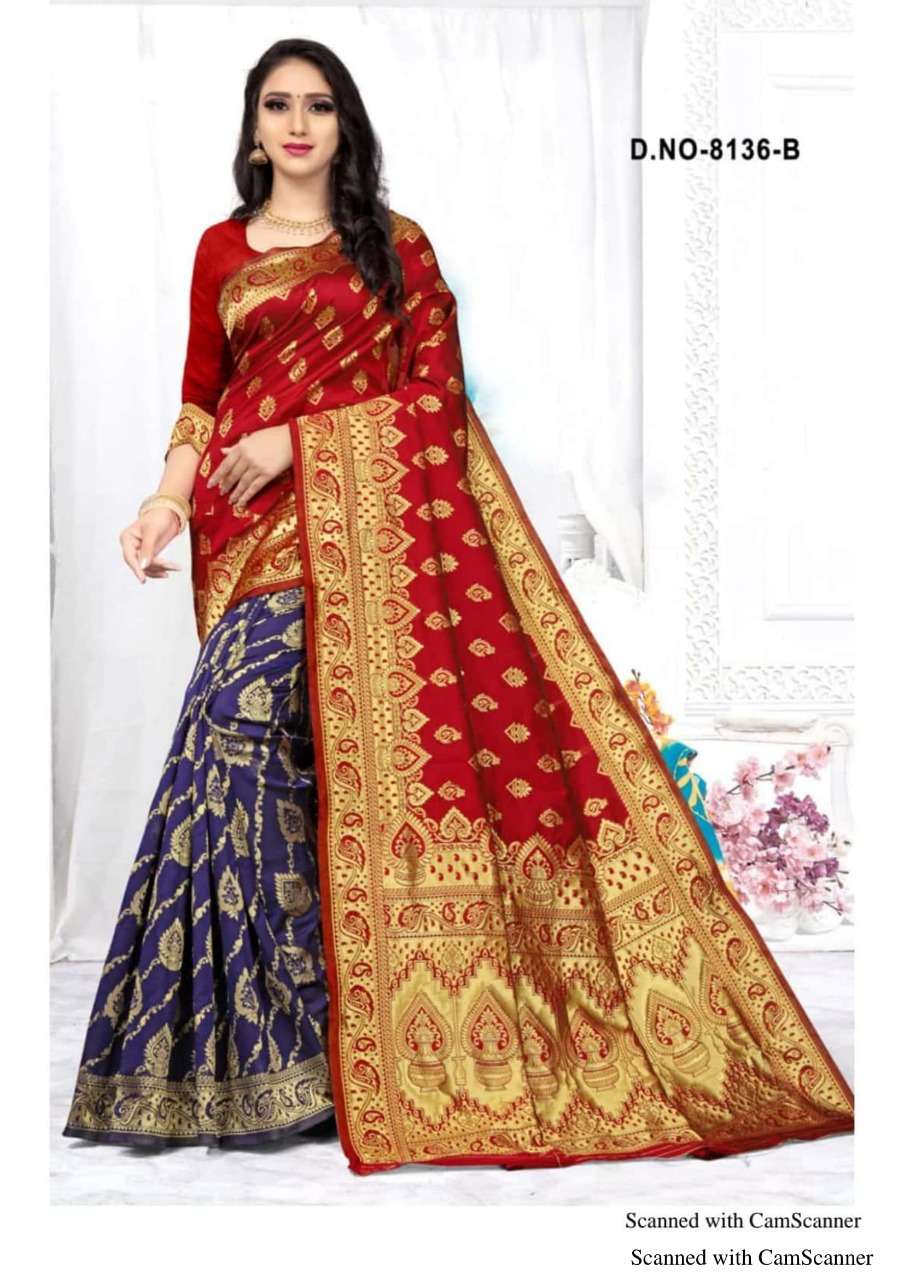 KANGAN-8136 BY HAYTEE 8136-A TO 8136-D SERIES INDIAN TRADITIONAL WEAR COLLECTION BEAUTIFUL STYLISH FANCY COLORFUL PARTY WEAR & OCCASIONAL WEAR HANDLOOM JACQUARD SILK PRINTED SAREES AT WHOLESALE PRICE