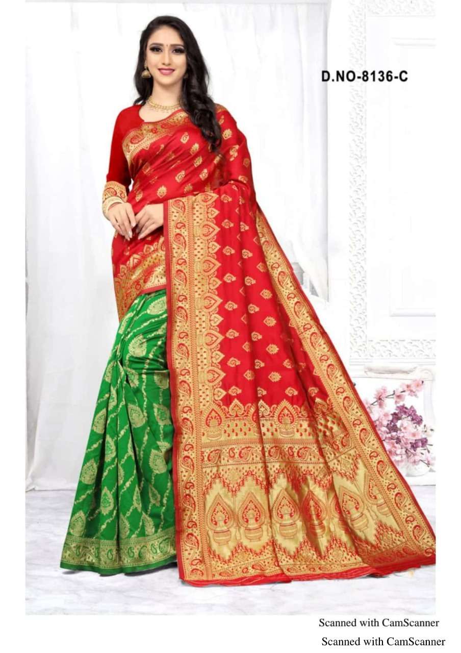 KANGAN-8136 BY HAYTEE 8136-A TO 8136-D SERIES INDIAN TRADITIONAL WEAR COLLECTION BEAUTIFUL STYLISH FANCY COLORFUL PARTY WEAR & OCCASIONAL WEAR HANDLOOM JACQUARD SILK PRINTED SAREES AT WHOLESALE PRICE