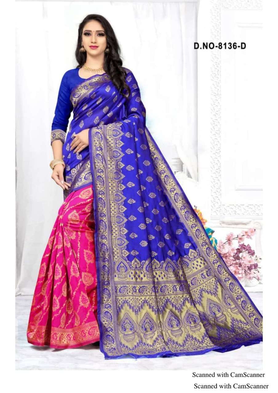 KANGAN-8136 BY HAYTEE 8136-A TO 8136-D SERIES INDIAN TRADITIONAL WEAR COLLECTION BEAUTIFUL STYLISH FANCY COLORFUL PARTY WEAR & OCCASIONAL WEAR HANDLOOM JACQUARD SILK PRINTED SAREES AT WHOLESALE PRICE