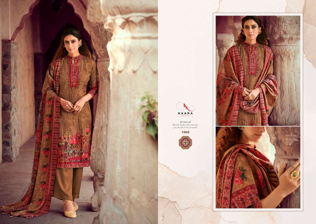 RANGREZ BY KAARA SUITS 1001 TO 1008 SERIES BEAUTIFUL STYLISH SUITS FANCY COLORFUL CASUAL WEAR & ETHNIC WEAR & READY TO WEAR PASHMINA PRINTED WITH EMBROIDERY DRESSES AT WHOLESALE PRICE