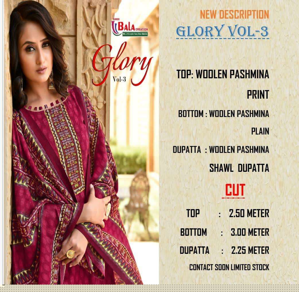GLORY VOL-3 BY SHREE BALA CREATION 3001 TO 3010 SERIES BEAUTIFUL STYLISH SUITS FANCY COLORFUL CASUAL WEAR & ETHNIC WEAR & READY TO WEAR WOOLEN PASHMINA PRINTED DRESSES AT WHOLESALE PRICE