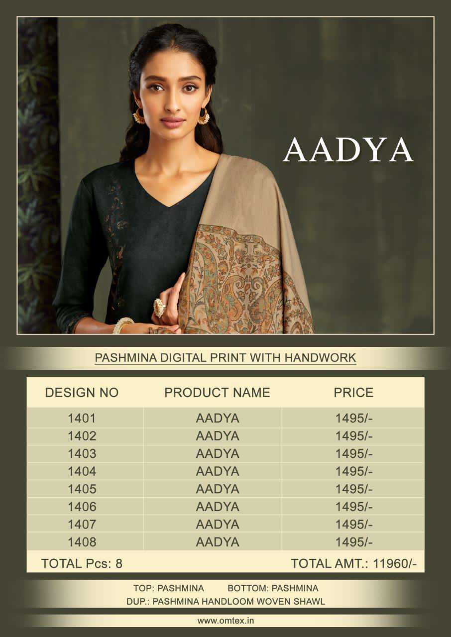 AADYA BY OM TEX 1401 TO 1408 SERIES BEAUTIFUL STYLISH SUITS FANCY COLORFUL CASUAL WEAR & ETHNIC WEAR & READY TO WEAR PASHMINA PRINTED DRESSES AT WHOLESALE PRICE