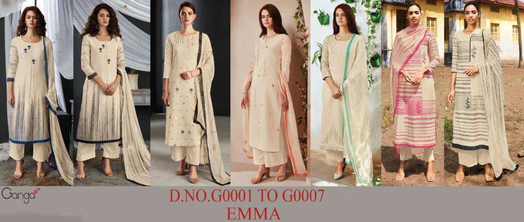 EMMA BY GANGA FASHION G-0001 TO G-0007 SERIES BEAUTIFUL STYLISH SUITS FANCY COLORFUL CASUAL WEAR & ETHNIC WEAR & READY TO WEAR PURE WOVEN SILK JACUARD PRINTED DRESSES AT WHOLESALE PRICE