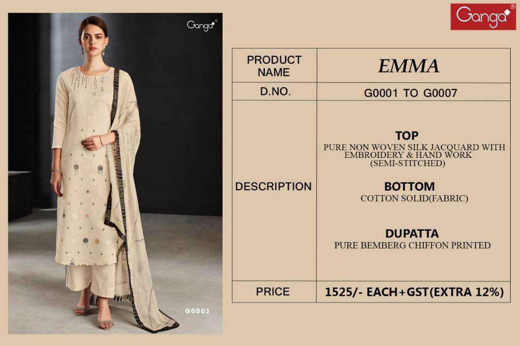 EMMA BY GANGA FASHION G-0001 TO G-0007 SERIES BEAUTIFUL STYLISH SUITS FANCY COLORFUL CASUAL WEAR & ETHNIC WEAR & READY TO WEAR PURE WOVEN SILK JACUARD PRINTED DRESSES AT WHOLESALE PRICE