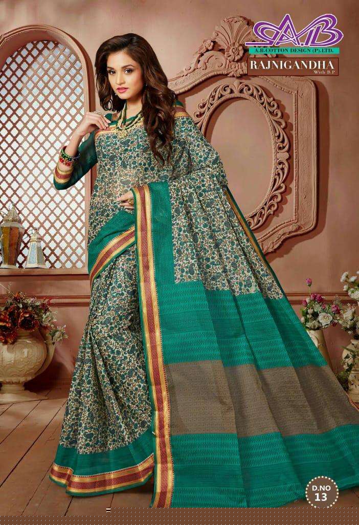 RAJNIGANDHA BY A.B FASHION 9 TO 23 SERIES INDIAN TRADITIONAL WEAR COLLECTION BEAUTIFUL STYLISH FANCY COLORFUL PARTY WEAR & OCCASIONAL WEAR COTTON SAREES AT WHOLESALE PRICE