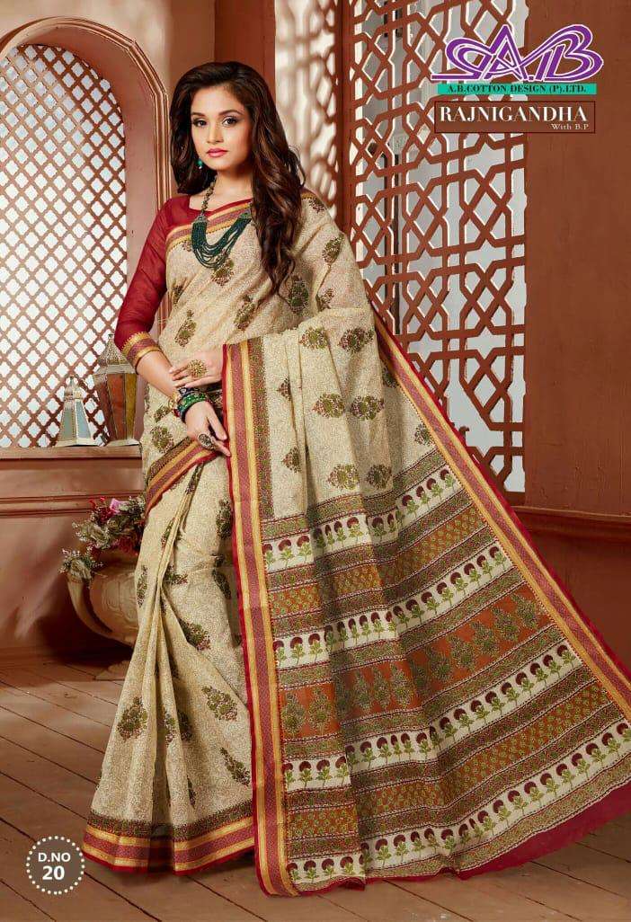 RAJNIGANDHA BY A.B FASHION 9 TO 23 SERIES INDIAN TRADITIONAL WEAR COLLECTION BEAUTIFUL STYLISH FANCY COLORFUL PARTY WEAR & OCCASIONAL WEAR COTTON SAREES AT WHOLESALE PRICE