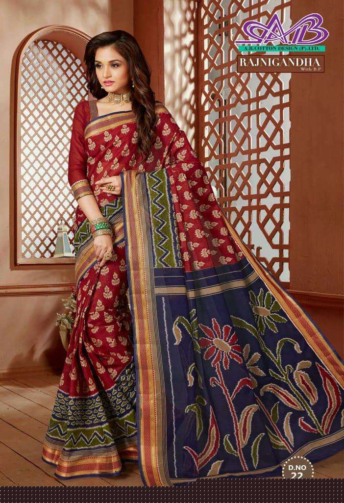 RAJNIGANDHA BY A.B FASHION 9 TO 23 SERIES INDIAN TRADITIONAL WEAR COLLECTION BEAUTIFUL STYLISH FANCY COLORFUL PARTY WEAR & OCCASIONAL WEAR COTTON SAREES AT WHOLESALE PRICE
