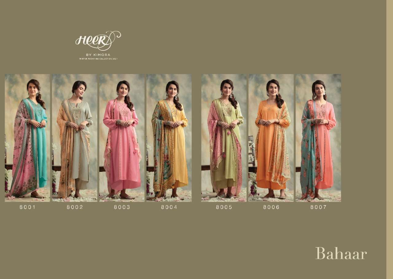 BAHAAR BY HEER 8001 TO 8007 SERIES BEAUTIFUL SUITS STYLISH FANCY COLORFUL PARTY WEAR & OCCASIONAL WEAR SPUN WOOL DYED FABRICS WITH EMBROIDERY DRESSES AT WHOLESALE PRICE