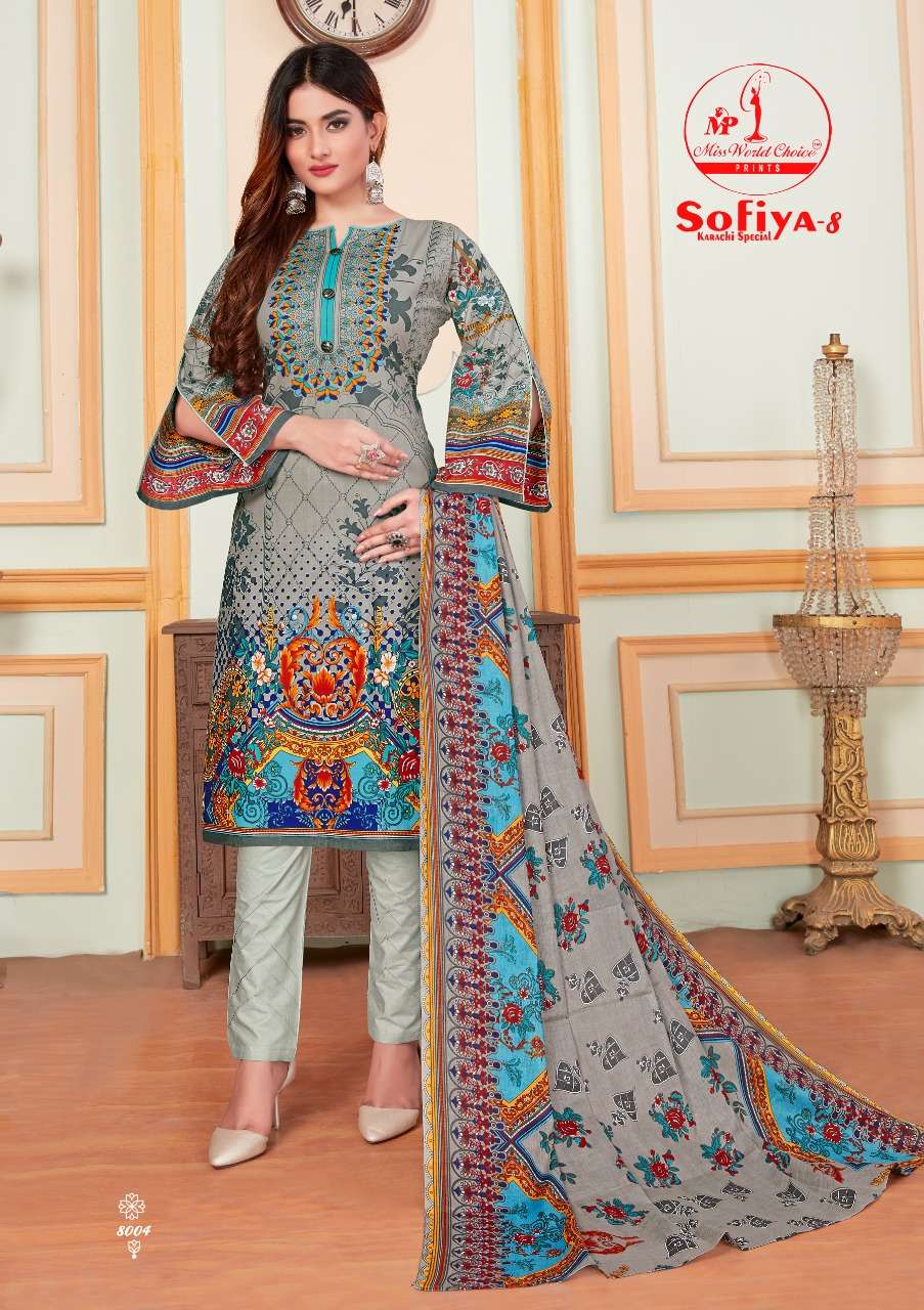 SOFIYA VOL-8 BY MISS WORLD CHOICE 8001 TO 8010 SERIES BEAUTIFUL SUITS STYLISH FANCY COLORFUL CASUAL WEAR & ETHNIC WEAR COTTON PRINTED DRESSES AT WHOLESALE PRICE