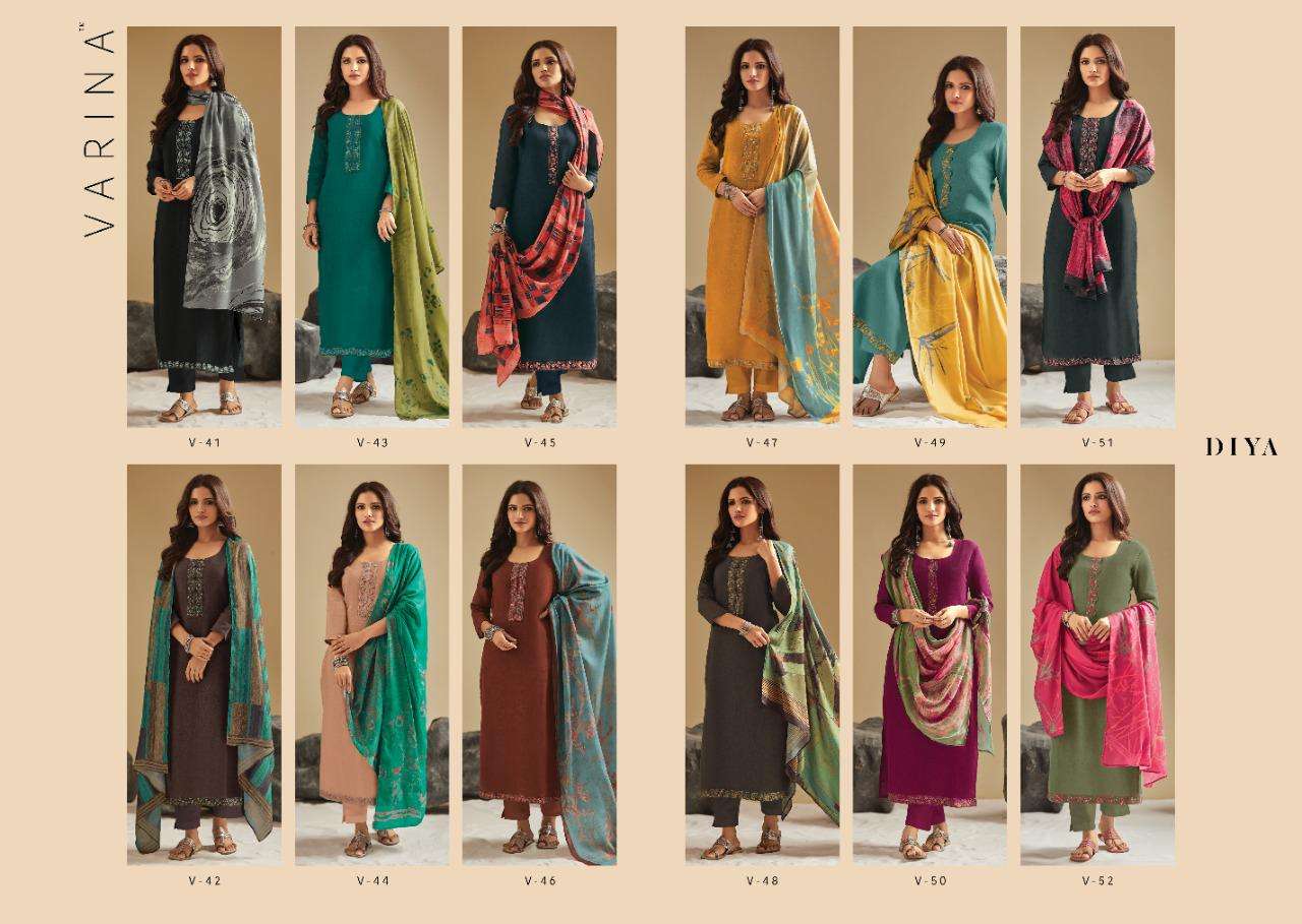 DIYA BY VARINA 41 TO 52 SERIES BEAUTIFUL SUITS STYLISH FANCY COLORFUL CASUAL WEAR & ETHNIC WEAR TWILL CHEK WITH EMBROIDERY DRESSES AT WHOLESALE PRICE