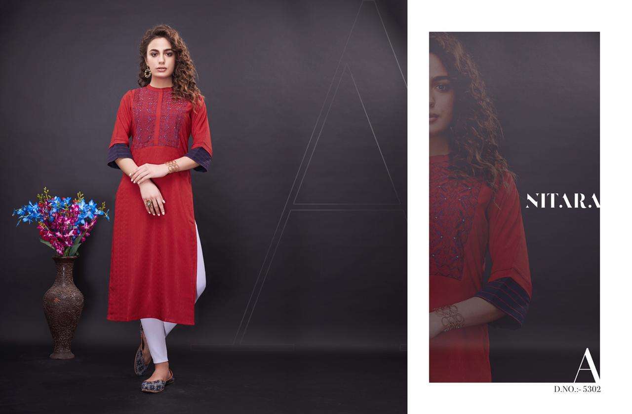 NORA BY NITARA 5301 TO 5306 SERIES BEAUTIFUL STYLISH FANCY COLORFUL CASUAL WEAR & ETHNIC WEAR & READY TO WEAR FANCY WITH HANDWORK KURTIS AT WHOLESALE PRICE