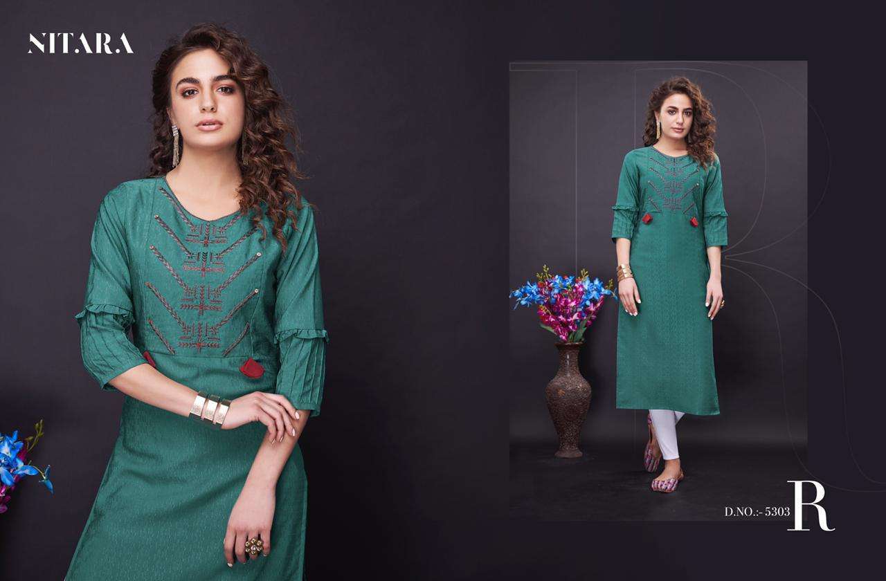 NORA BY NITARA 5301 TO 5306 SERIES BEAUTIFUL STYLISH FANCY COLORFUL CASUAL WEAR & ETHNIC WEAR & READY TO WEAR FANCY WITH HANDWORK KURTIS AT WHOLESALE PRICE