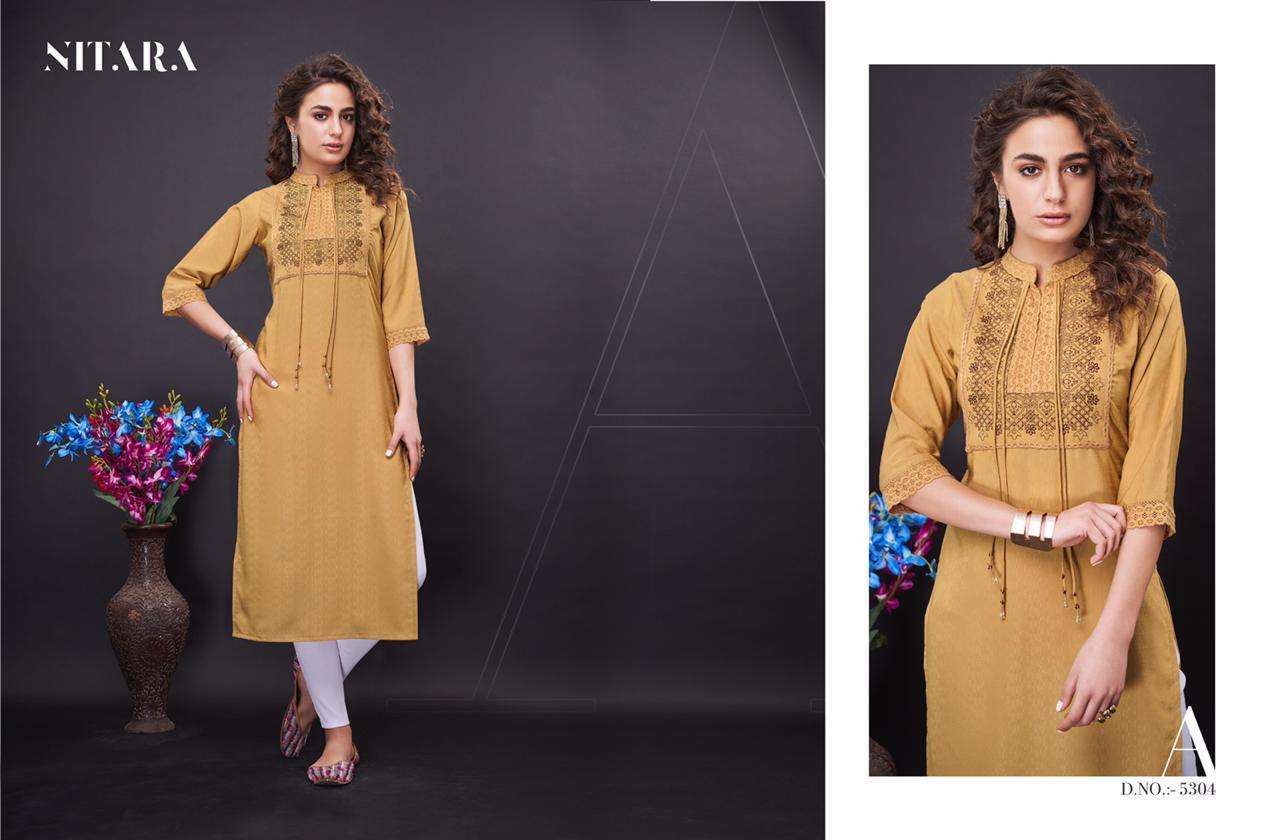 NORA BY NITARA 5301 TO 5306 SERIES BEAUTIFUL STYLISH FANCY COLORFUL CASUAL WEAR & ETHNIC WEAR & READY TO WEAR FANCY WITH HANDWORK KURTIS AT WHOLESALE PRICE
